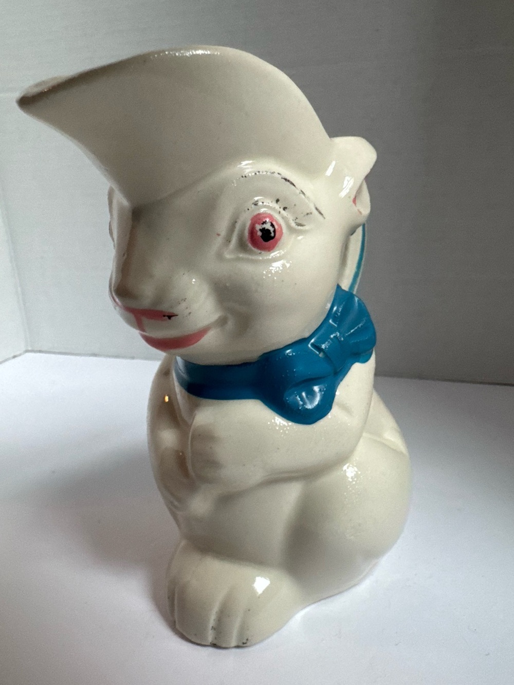 Vintage 1940s Shawnee Pottery Bunny Rabbit Creamer Pitcher Blue Bow Tie 6" MCM